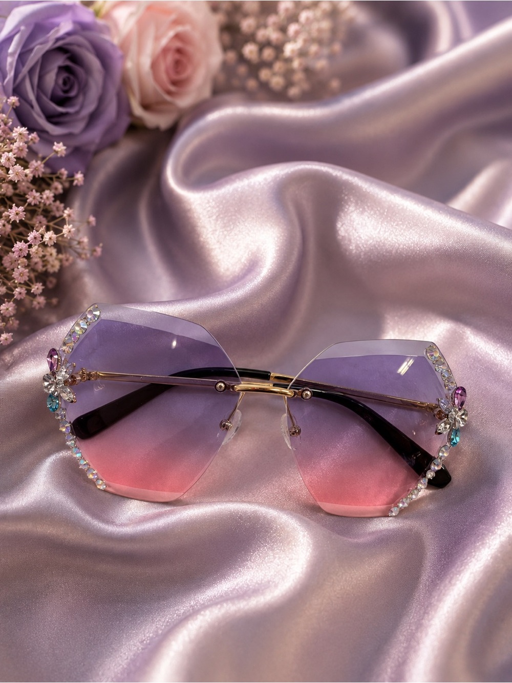 Crystal-Embellished Pink to Purple Gradient Women's Sunglasses